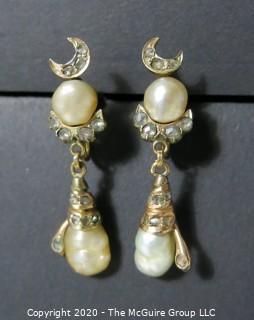 Antique Victorian 18 kt Gold (marked 750) with Freshwater Pearls & Gemstones Screw Back Drop Earrings.  Features crescent moon and snake, both encrusted in clear stones, possibly diamonds (some flourescence). 