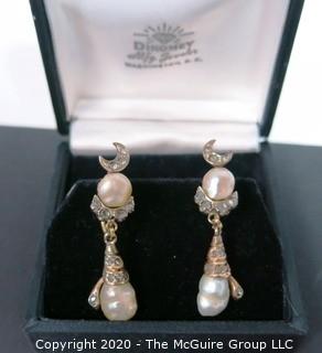 Antique Victorian 18 kt Gold (marked 750) with Freshwater Pearls & Gemstones Screw Back Drop Earrings.  Features crescent moon and snake, both encrusted in clear stones, possibly diamonds (some flourescence). 