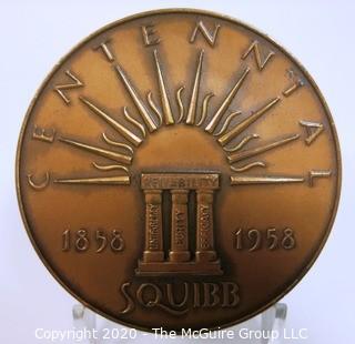 1958 Art Deco Bronze Medal for Squibb 100 Year Centennial made by Medallic Art Co NY, Designed by Sidney Waugh.  3"; 189 grams