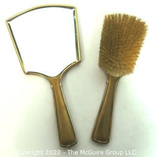 Art Deco Brass with Enamel Geometric Design Brush & Mirror Dresser Vanity Set