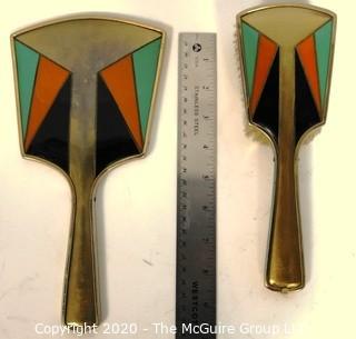 Art Deco Brass with Enamel Geometric Design Brush & Mirror Dresser Vanity Set