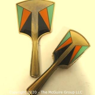 Art Deco Brass with Enamel Geometric Design Brush & Mirror Dresser Vanity Set