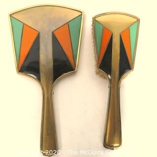 Art Deco Brass with Enamel Geometric Design Brush & Mirror Dresser Vanity Set