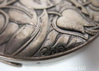 Art Deco Sterling Silver Compact by Evans Featuring Repousse Gazelles and Foliage with Initials of Artist; 3" diameter; 91g including mirror