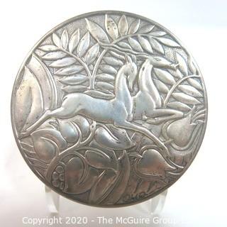 Art Deco Sterling Silver Compact by Evans Featuring Repousse Gazelles and Foliage with Initials of Artist; 3" diameter; 91g including mirror