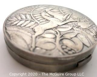 Art Deco Sterling Silver Compact by Evans Featuring Repousse Gazelles and Foliage with Initials of Artist; 3" diameter; 91g including mirror