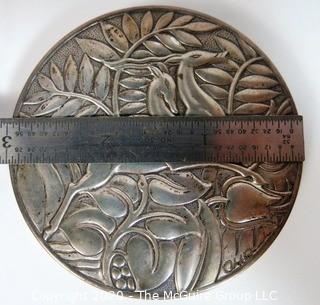 Art Deco Sterling Silver Compact by Evans Featuring Repousse Gazelles and Foliage with Initials of Artist; 3" diameter; 91g including mirror