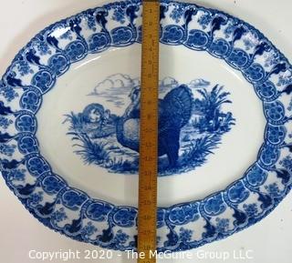 Large Fine Porcelain Blue Transferware Turkey Platter by Wedgwood of England.  Measures approximately 23" x 19".