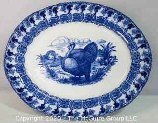 Large Fine Porcelain Blue Transferware Turkey Platter by Wedgwood of England.  Measures approximately 23" x 19".