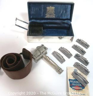 Vintage Wilkinson Sword  Seven Day Shaving Kit in Silver Art Deco Box.  Includes Safety Straight Razor, 7 Day Blade Set & Strop 