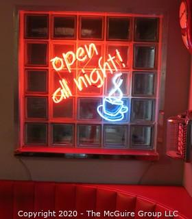 Neon "Open All Night" Sign mounted on Plexiglass by Artist Martha "Marty" King; 24 x 24 x 2.5"D