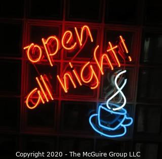 Neon "Open All Night" Sign mounted on Plexiglass by Artist Martha "Marty" King; 24 x 24 x 2.5"D