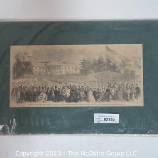 Matted Antique Wood Engraving from Harper's Weekly, 1861 Review of the New York Troops at Washington, White House