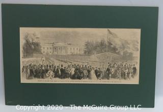 Matted Antique Wood Engraving from Harper's Weekly, 1861 Review of the New York Troops at Washington, White House