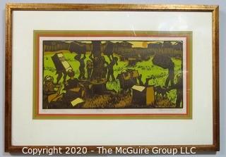 Framed Colored Woodcut by Hanne Greaver Entitled "Botes".  1969, Limited Edition Signed. 