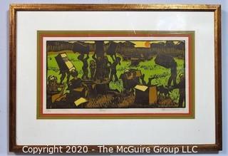 Framed Colored Woodcut by Hanne Greaver Entitled "Botes".  1969, Limited Edition Signed. 