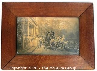 Black & White Sepia Toned Lithograph of Plantation Life in Wide Heave Wooden Frame. 