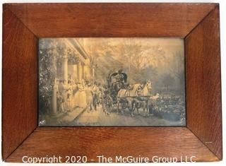 Black & White Sepia Toned Lithograph of Plantation Life in Wide Heave Wooden Frame. 