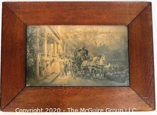 Black & White Sepia Toned Lithograph of Plantation Life in Wide Heave Wooden Frame. 