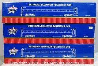 Set of Three USA Trains  Santa Fe "Super Chief" Extruded Aluminum Passenger Coach Car.  Includes Coach Car #1 (R31001 ), Sleeper Car #1 (R31004) & Observation Car (R31000). All are New in the Box.  