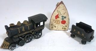 Two Piece Cast Iron Toy Train Engine and Coal Car and Folk Art Painted SAD Iron