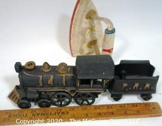 Two Piece Cast Iron Toy Train Engine and Coal Car and Folk Art Painted SAD Iron