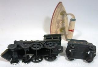 Two Piece Cast Iron Toy Train Engine and Coal Car and Folk Art Painted SAD Iron