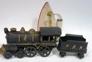 Two Piece Cast Iron Toy Train Engine and Coal Car and Folk Art Painted SAD Iron