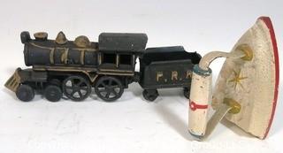 Two Piece Cast Iron Toy Train Engine and Coal Car and Folk Art Painted SAD Iron