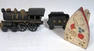 Two Piece Cast Iron Toy Train Engine and Coal Car and Folk Art Painted SAD Iron