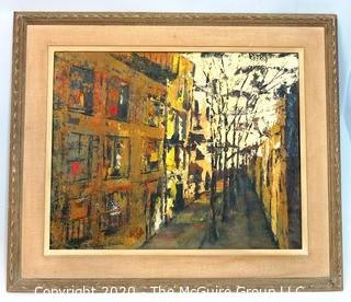 Framed Modern Abstract City Street Scene; Oil on Canvas Signed by Artist Ruby Joyce Bender.  Measures approximately 26" x 21".