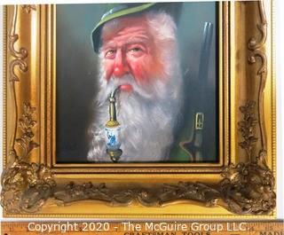 Gilt Framed Oil on Canvas Portrait of Tyrolean Man with Pipe Signed by Artist, Signature Illegible. Measures approximately 15" x 16"