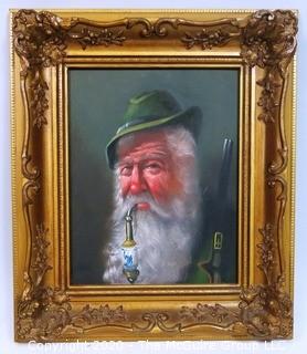 Gilt Framed Oil on Canvas Portrait of Tyrolean Man with Pipe Signed by Artist, Signature Illegible. Measures approximately 15" x 16"