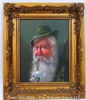 Gilt Framed Oil on Canvas Portrait of Tyrolean Man with Pipe Signed by Artist, Signature Illegible. Measures approximately 15" x 16"