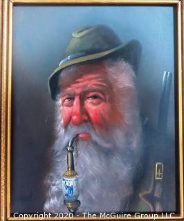 Gilt Framed Oil on Canvas Portrait of Tyrolean Man with Pipe Signed by Artist, Signature Illegible. Measures approximately 15" x 16"