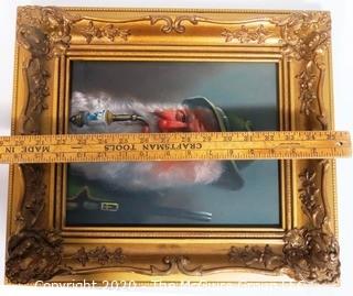 Gilt Framed Oil on Canvas Portrait of Tyrolean Man with Pipe Signed by Artist, Signature Illegible. Measures approximately 15" x 16"