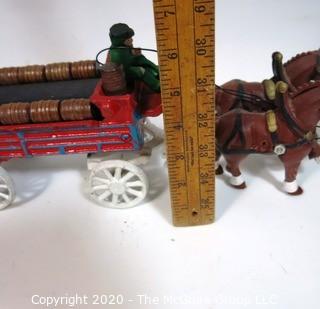 Cast Iron 8 Clydesdale Horse Drawn Beer Carriage with Barrels.  Measures approximately 30" long. 