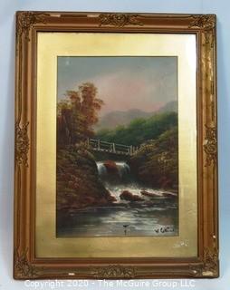 Gilt Framed Oil on Canvas Landscape of Waterfall and Bridge Signed by Artist, W. Collins. Measures approximately 26" x 20".