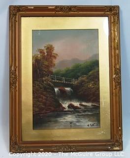 Gilt Framed Oil on Canvas Landscape of Waterfall and Bridge Signed by Artist, W. Collins. Measures approximately 26" x 20".