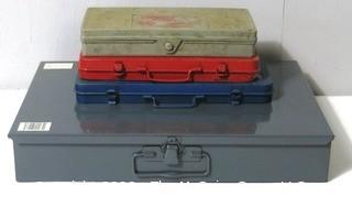 Three Tool Boxes with Tools and (1) Metal Parts Bin (empty)