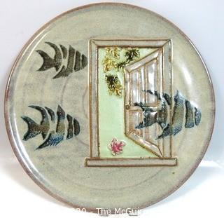 Large Hand Thrown Pottery Charger or Platter with Fish Design.  Measures approximately 20" in diameter.