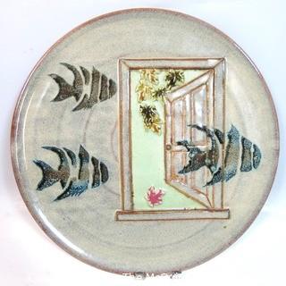 Large Hand Thrown Pottery Charger or Platter with Fish Design.  Measures approximately 20" in diameter.