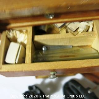 Two Scientific Microscopes with Wood Case and Specimen Slides; sold by Research Microscopes of Mameroneck, NY