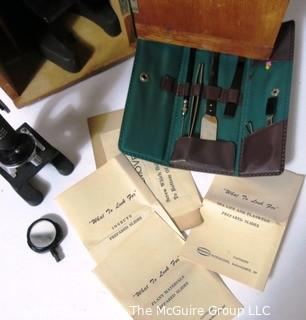 Two Scientific Microscopes with Wood Case and Specimen Slides; sold by Research Microscopes of Mameroneck, NY