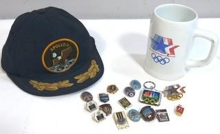 Collection of Olympic Pins and Mug from 1984 Summer Olympics Los Angeles & Apollo II Hat