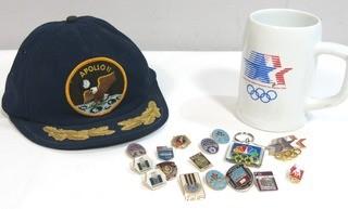 Collection of Olympic Pins and Mug from 1984 Summer Olympics Los Angeles & Apollo II Hat