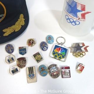 Collection of Olympic Pins and Mug from 1984 Summer Olympics Los Angeles & Apollo II Hat