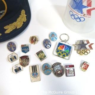 Collection of Olympic Pins and Mug from 1984 Summer Olympics Los Angeles & Apollo II Hat