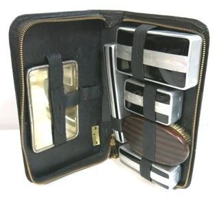 Vintage Art Deco Meeker Made Men's Toiletry Kit in Leather Case.  Aluminum Cases with Enamel Detailing.