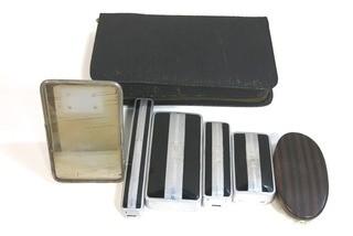 Vintage Art Deco Meeker Made Men's Toiletry Kit in Leather Case.  Aluminum Cases with Enamel Detailing.